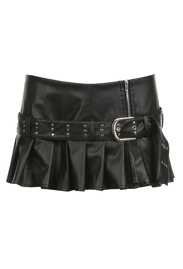 Gothic Black Low Waist Skirt Sexy Wide Rivet Belt Side Split Half Skirt