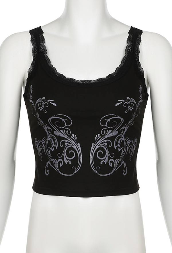 Gothic Black Printed Tank Top Sexy Lace Vest Top