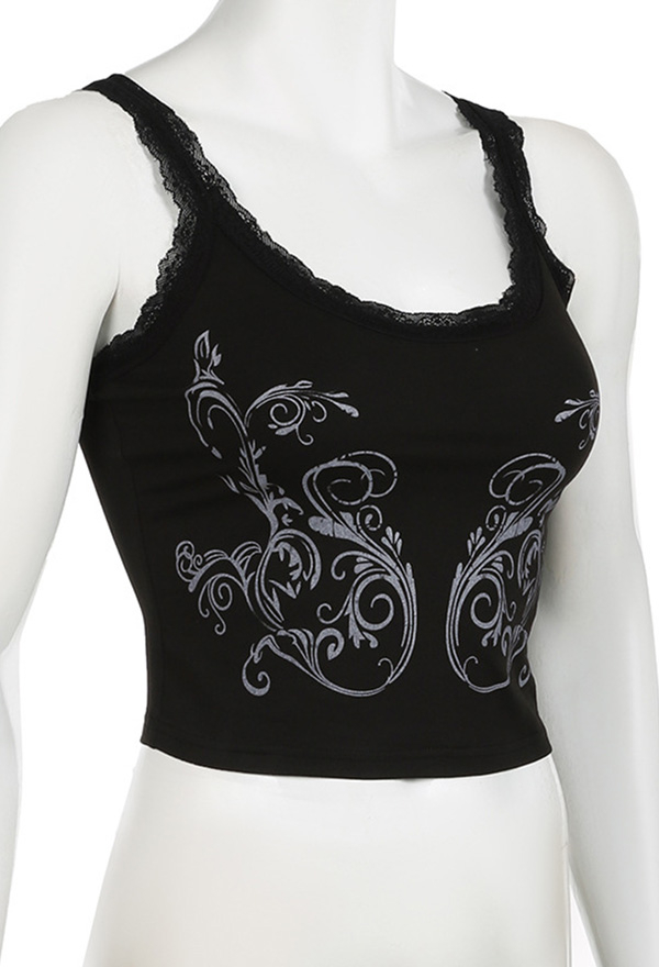 Gothic Black Printed Tank Top Sexy Lace Vest Top