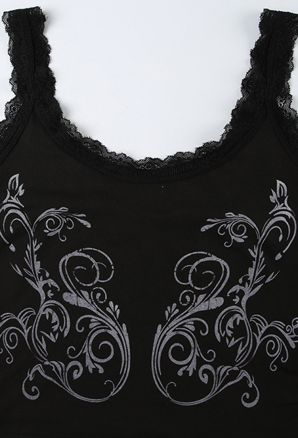 Gothic Black Printed Tank Top Sexy Lace Vest Top