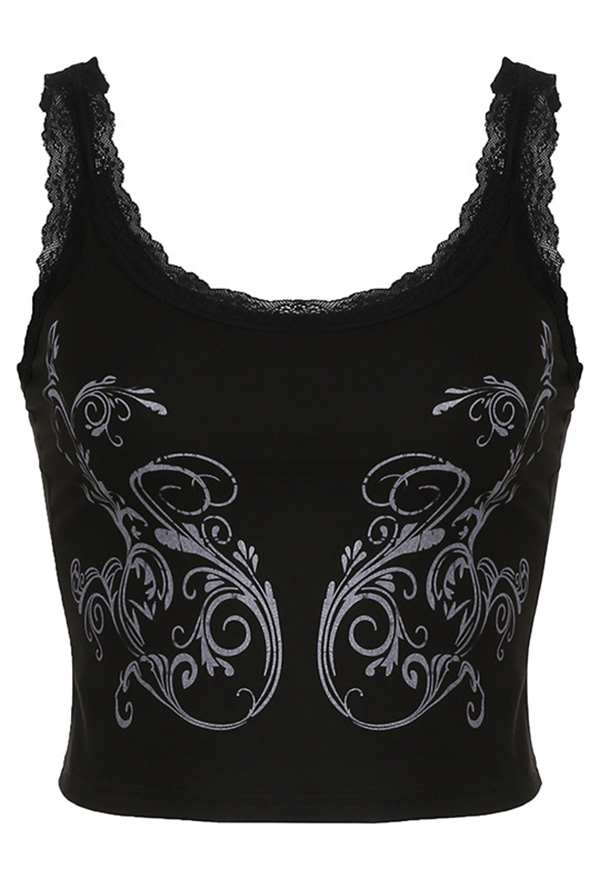 Gothic Black Printed Tank Top Sexy Lace Vest Top