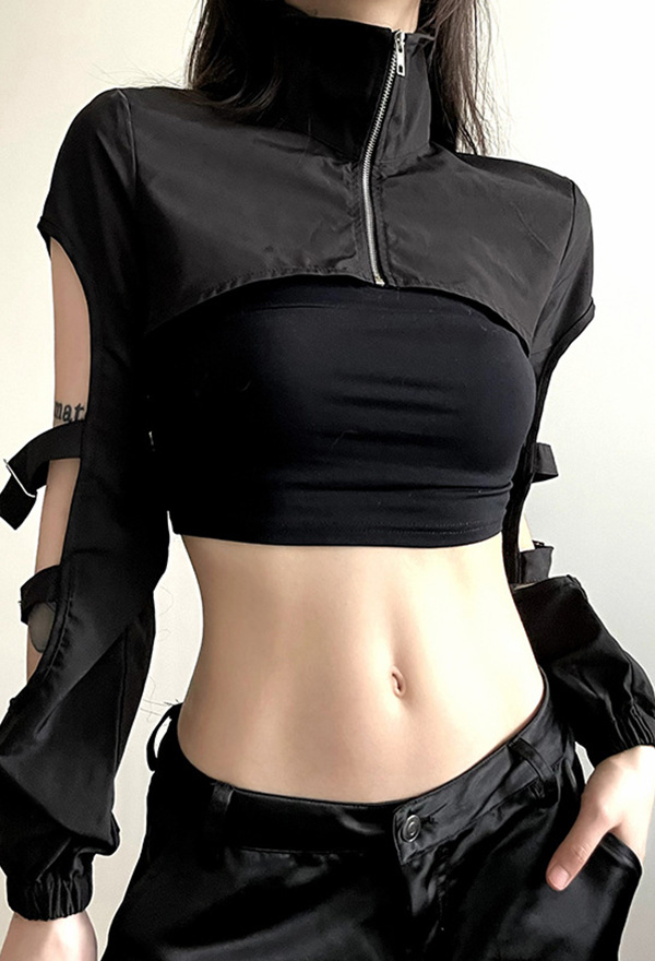 Gothic Black Short Top Sexy Cutout Long Sleeve Blouse Cover-up