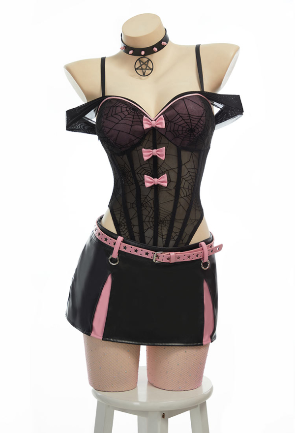 Gothic Black Pink Sexy Lingerie Set Dark Style Bowknot V-Neck See-Through Spiderweb Bodysuit with Skirt Belt