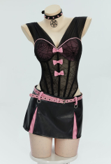 Gothic Black Pink Sexy Lingerie Set Dark Style Bowknot V-Neck See-Through Spiderweb Bodysuit with Skirt Belt