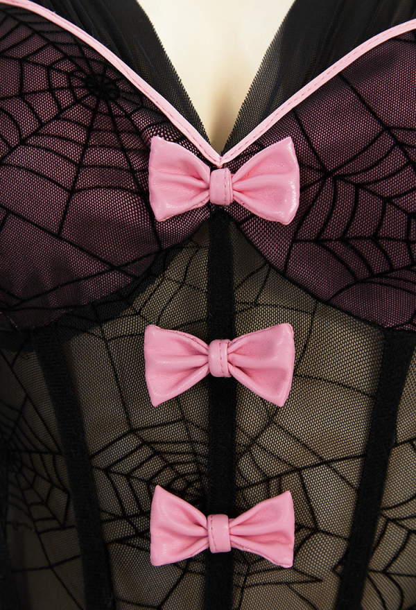 Gothic Black Pink Sexy Lingerie Set Dark Style Bowknot V-Neck See-Through Spiderweb Bodysuit with Skirt Belt