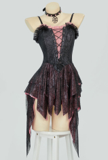 Gothic Black Pink Spider Web Dress See Through Ruffle Dress with Choker