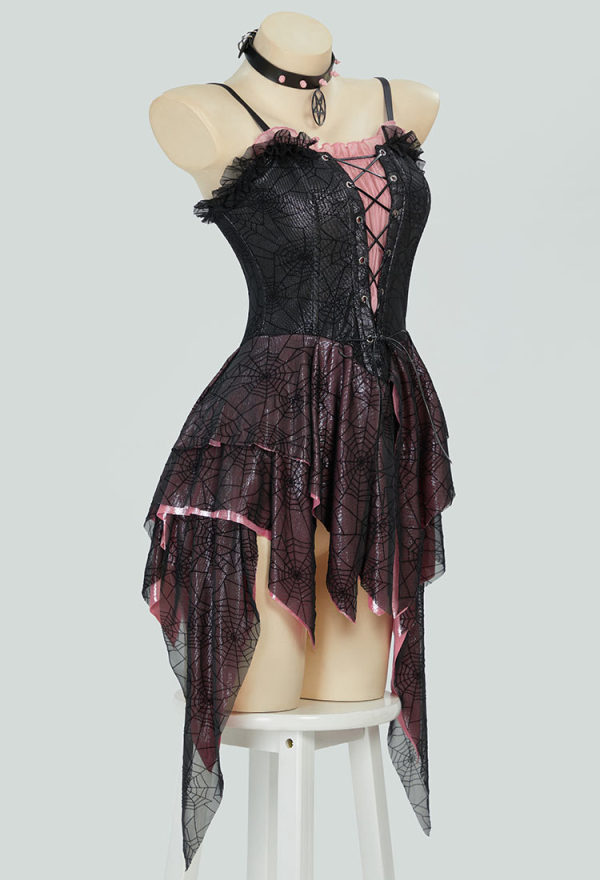 Gothic Black Pink Sexy Ruffle Dress Spider Web See Through Spaghetti Straps Dress with Choker