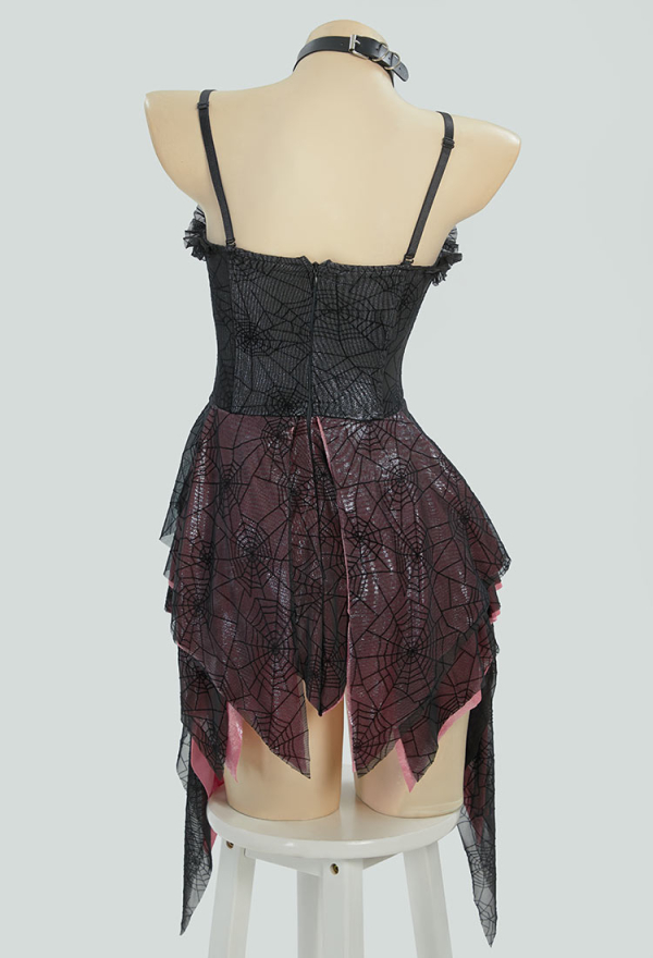 Gothic Black Pink Sexy Ruffle Dress Spider Web See Through Spaghetti Straps Dress with Choker