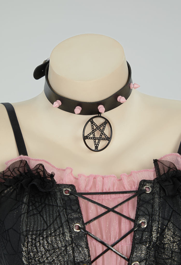 Gothic Black Pink Sexy Ruffle Dress Spider Web See Through Spaghetti Straps Dress with Choker