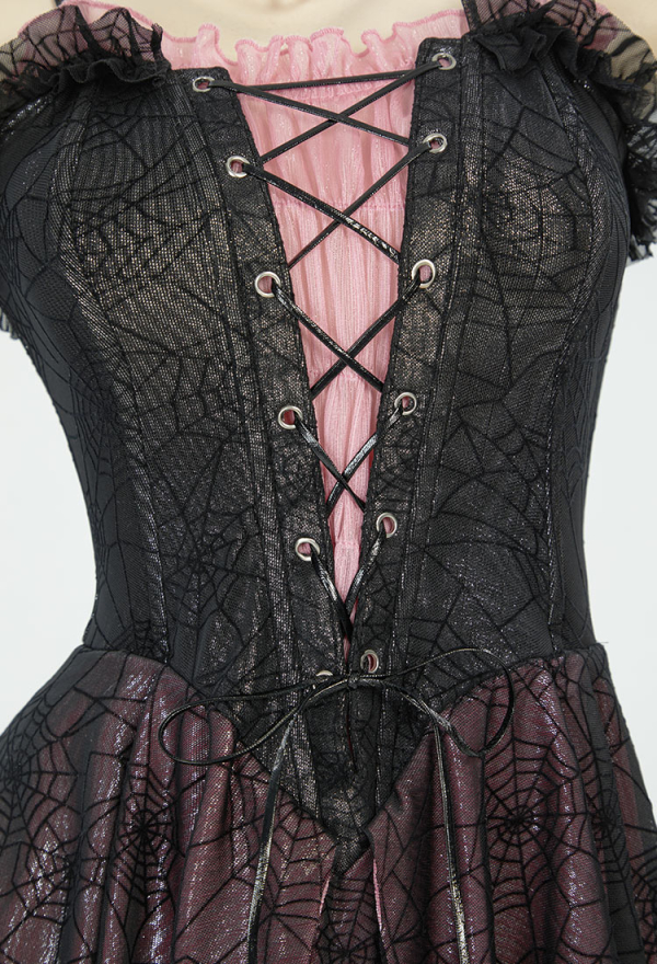 Gothic Black Pink Sexy Ruffle Dress Spider Web See Through Spaghetti Straps Dress with Choker