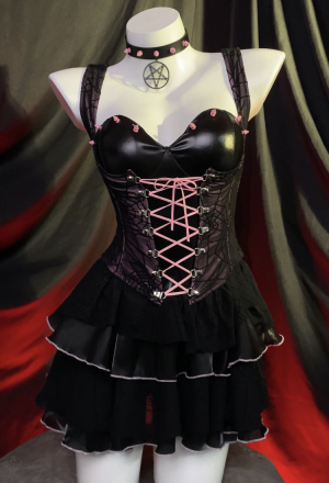 Gothic Black Pink Dress Spider Web Corset Ruffle Dress with Choker