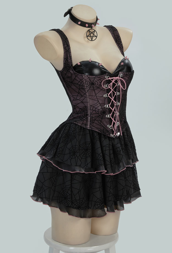 Gothic Black Pink Dress Spider Web Corset Ruffle Dress with Choker