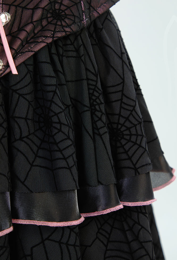 Gothic Black Pink Dress Spider Web Corset Ruffle Dress with Choker