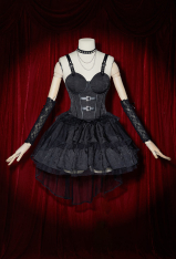 Misa Gothic Black Lolita Dress Vintage Multi-Layered Straps Dress with Gloves Cosplay Costume