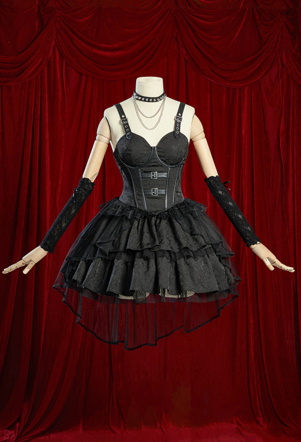 Misa Gothic Black Lolita Dress Vintage Multi-Layered Straps Dress with Gloves Cosplay Costume