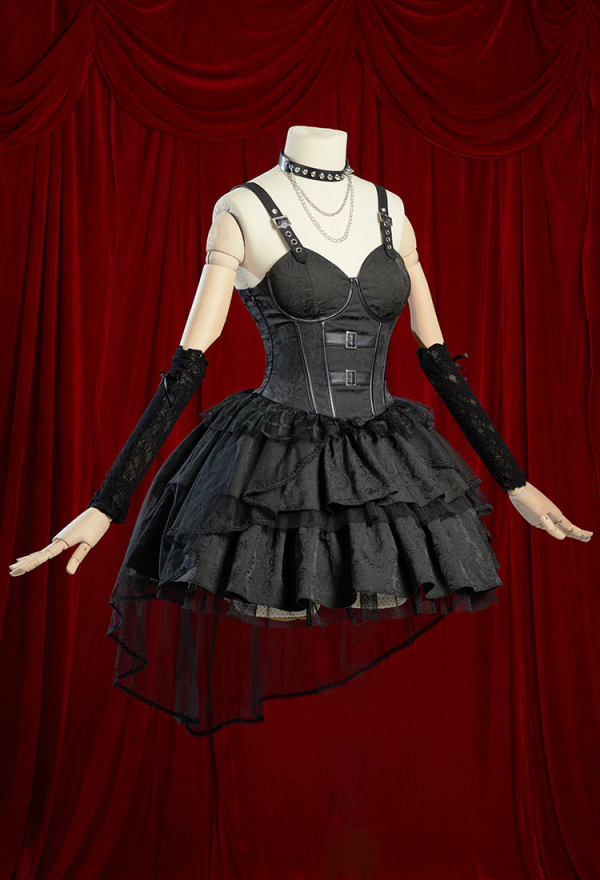 Misa Gothic Black Lolita Dress Vintage Multi-Layered Straps Dress with Gloves Cosplay Costume