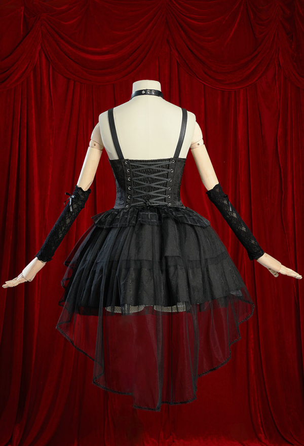 Misa Gothic Black Lolita Dress Vintage Multi-Layered Straps Dress with Gloves Cosplay Costume