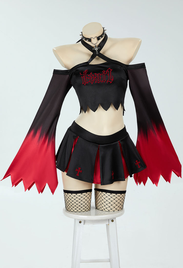 Devil's Cheerleaders Halloween Gothic Cheerleader Uniform Dark Vampire Demon Set Jagged Top and Skirt