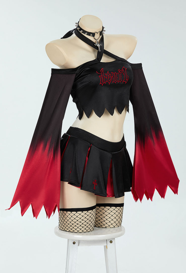 Devil's Cheerleaders Halloween Gothic Cheerleader Uniform Dark Vampire Demon Set Jagged Top and Skirt