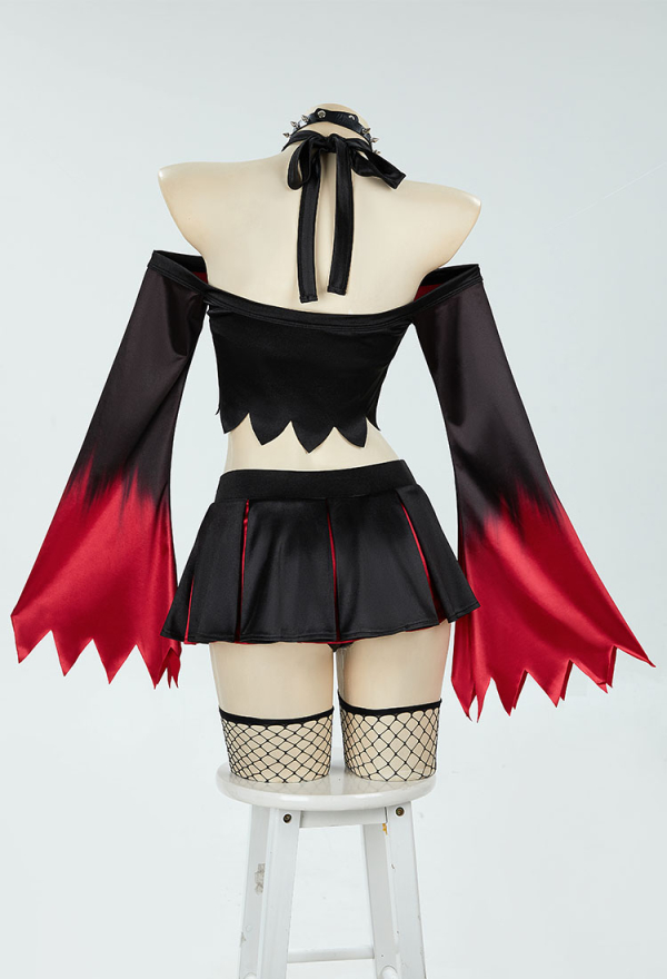 Devil's Cheerleaders Halloween Gothic Cheerleader Uniform Dark Vampire Demon Set Jagged Top and Skirt