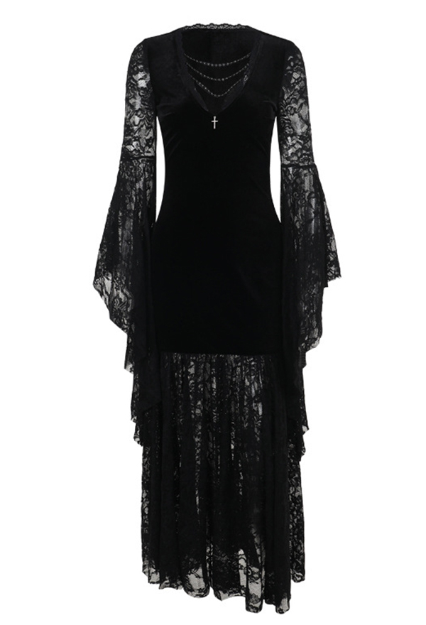 Gothic Black Dress Deep V Lace Bat Sleeve Dress