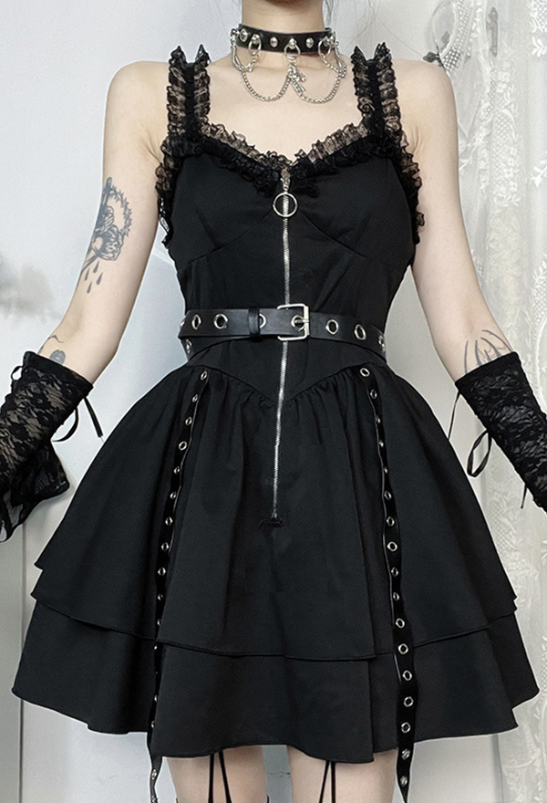 Gothic Black Mini Dress Dark Punk Style Lace Ruffle Suspender Dress