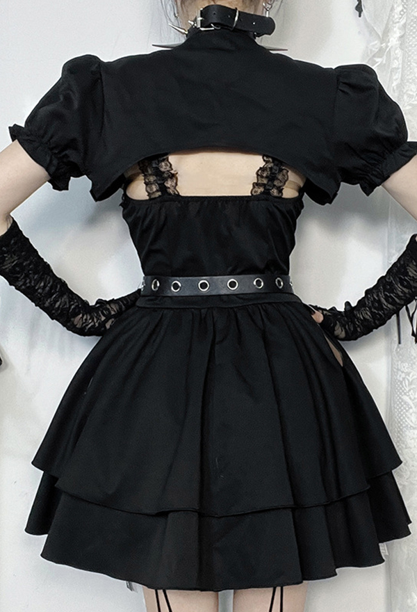 Gothic Black Mini Dress Dark Punk Style Lace Ruffle Suspender Dress