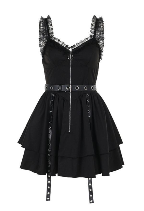 Gothic Black Mini Dress Dark Punk Style Lace Ruffle Suspender Dress