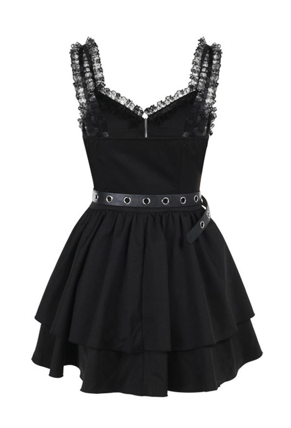 Gothic Black Mini Dress Dark Punk Style Lace Ruffle Suspender Dress