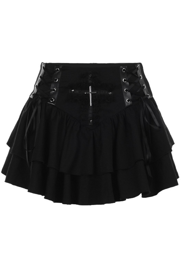 Gothic Black Ruffle Skirt Dark Punk Style Cross Strappy Half Skirt