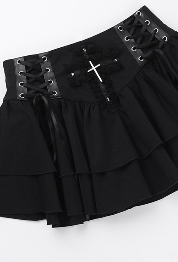 Gothic Black Ruffle Skirt Dark Punk Style Cross Strappy Half Skirt