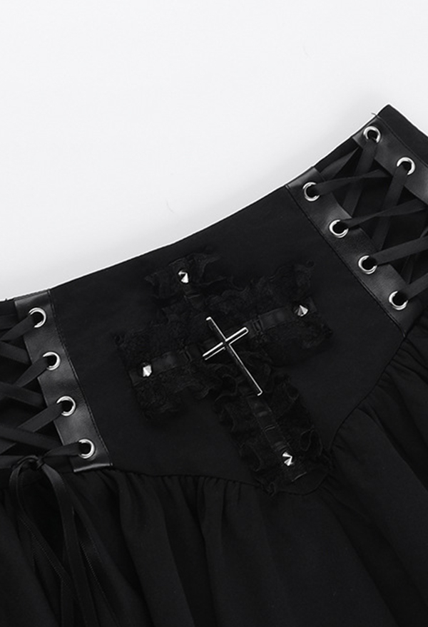 Gothic Black Ruffle Skirt Dark Punk Style Cross Strappy Half Skirt