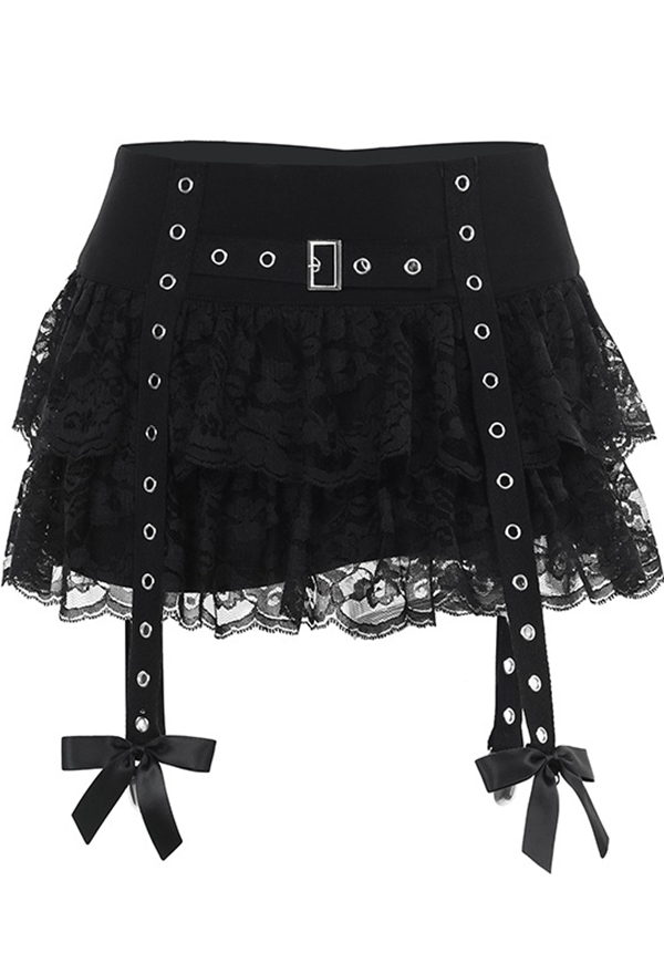 Gothic Black Half Skirt Dark Style Sexy Ruffle Lace Low Waist Skirt