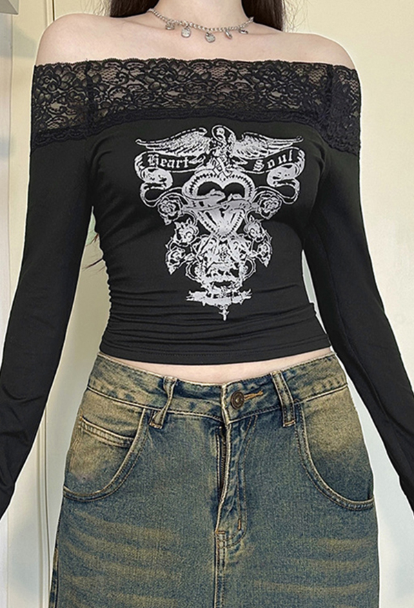 Gothic Black Lace Top Dark Vintage Printed Off-Shoulder Long Sleeve Top