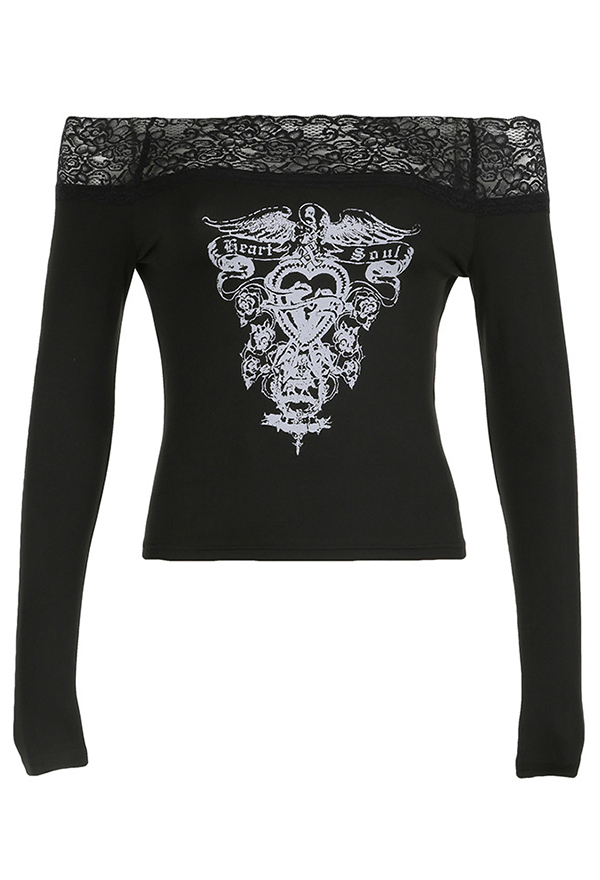 Gothic Black Lace Top Dark Vintage Printed Off-Shoulder Long Sleeve Top