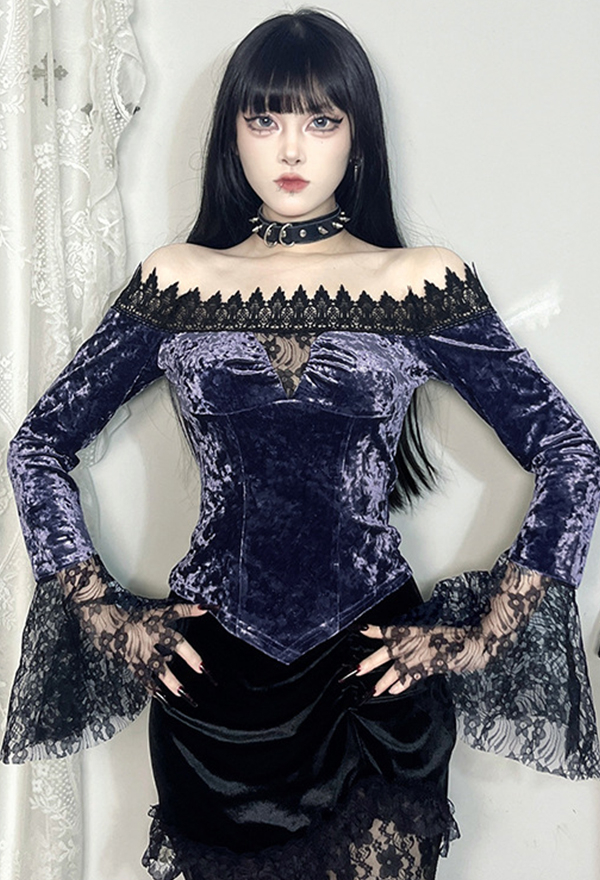 Gothic Purple Long Sleeve Top Lace Ruffle Off-Shoulder Top