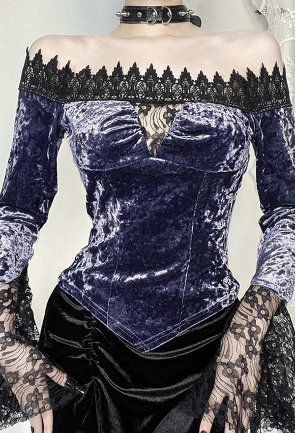 Gothic Purple Long Sleeve Top Lace Ruffle Off-Shoulder Top