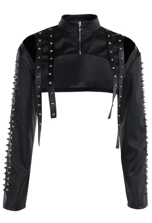 Gothic Black Crop Top Half High Neck Studded Short Jacket