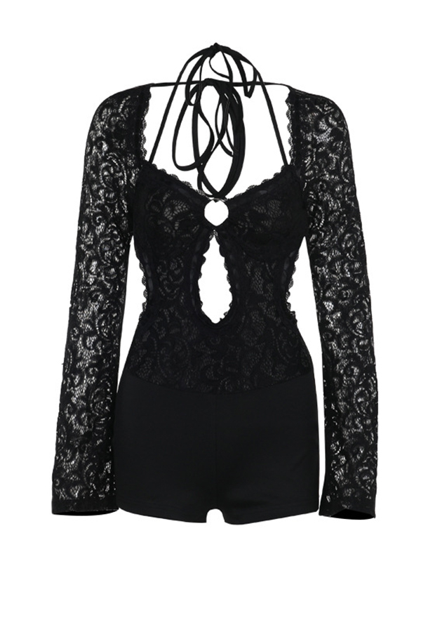 Gothic Black Low Cutout Backless Bodysuit Lace Slim One-Piece Bodysuit Shorts