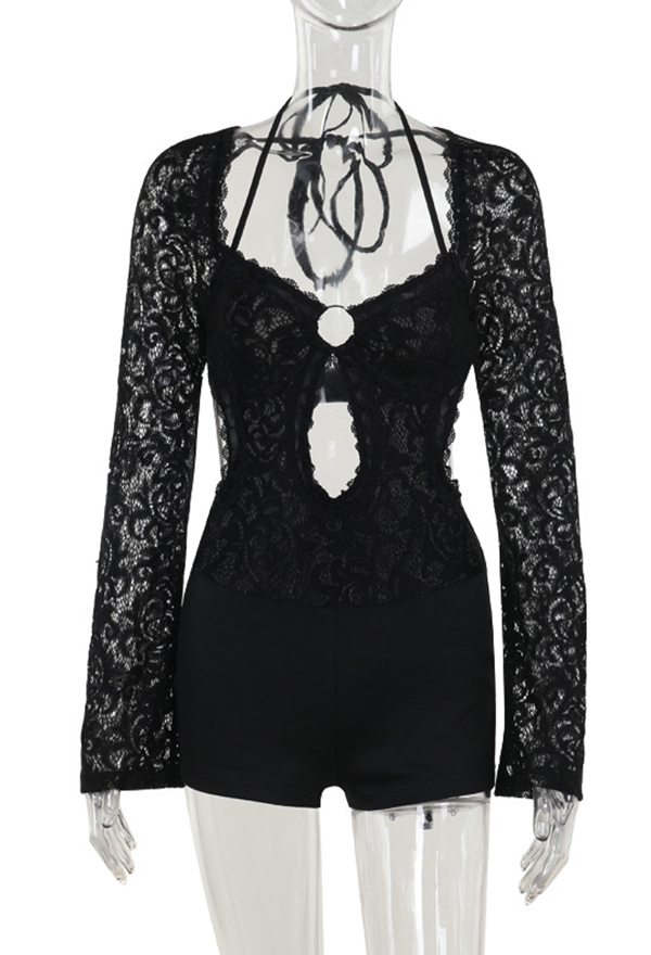 Gothic Black Low Cutout Backless Bodysuit Lace Slim One-Piece Bodysuit Shorts