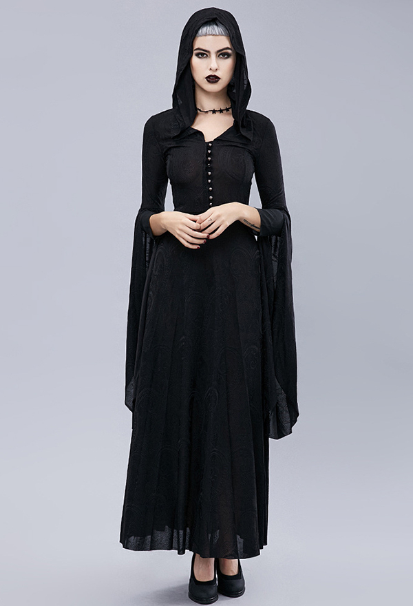 Halloween Black Large Sleeve Hooded Dress Dark Court Style Witch Vampire Slim Dress