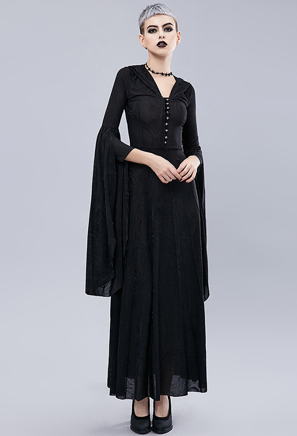 Halloween Black Large Sleeve Hooded Dress Dark Court Style Witch Vampire Slim Dress