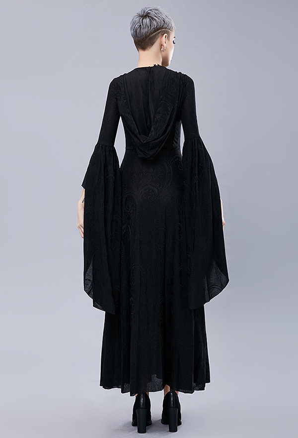 Halloween Black Large Sleeve Hooded Dress Dark Court Style Witch Vampire Slim Dress