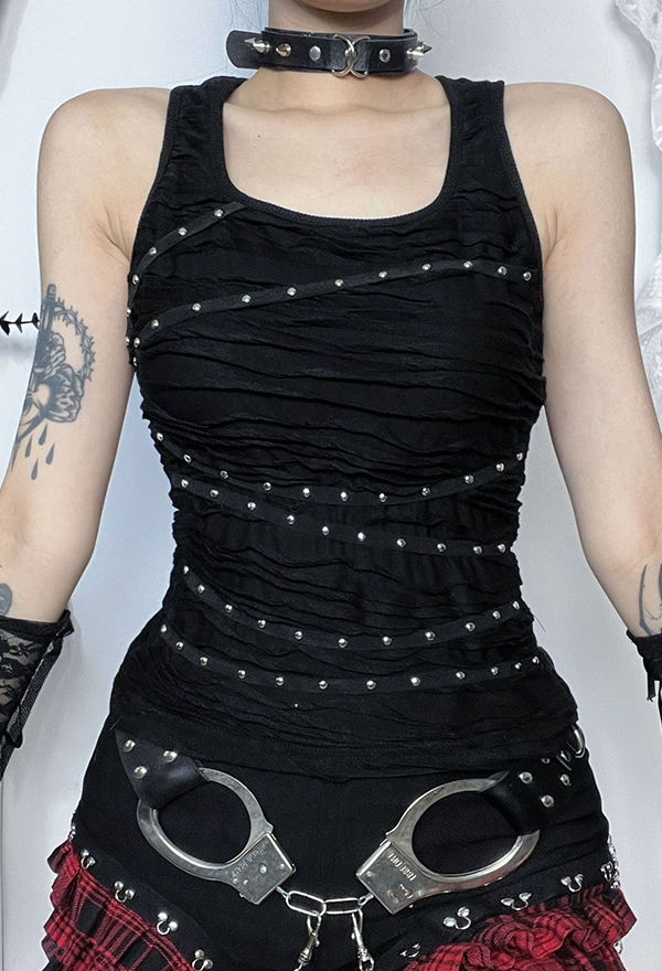 Gothic Black Studded Vest Textured Pleated Tank Top