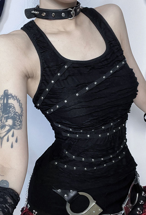 Gothic Black Studded Vest Textured Pleated Tank Top