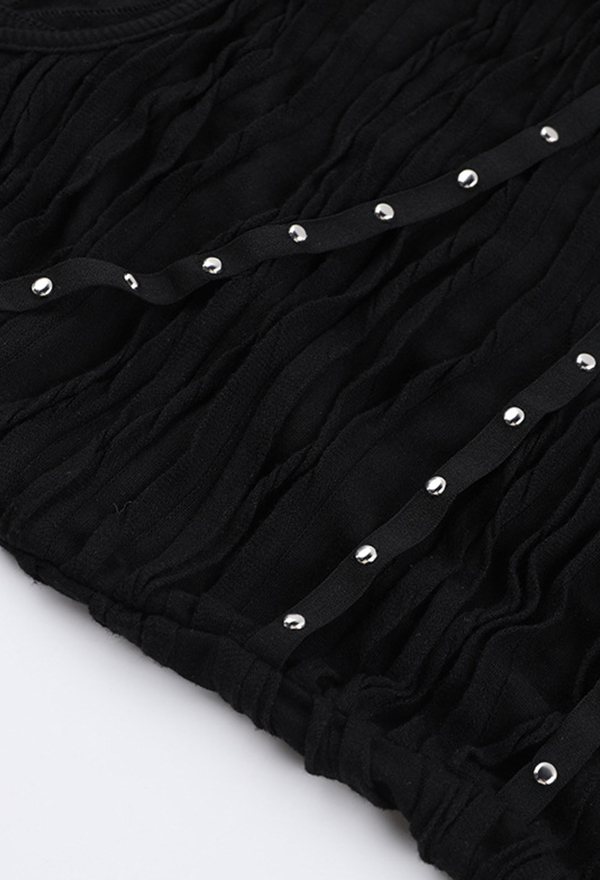 Gothic Black Studded Vest Textured Pleated Tank Top