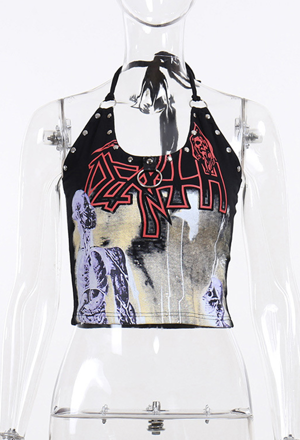 Gothic Black Printed Studded Halter Top Punk Rock Style Slim Suspender Top