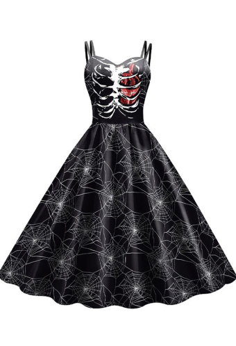 Halloween Gothic Black Suspender Dress Dark Style Spiderweb Skull Print Dress