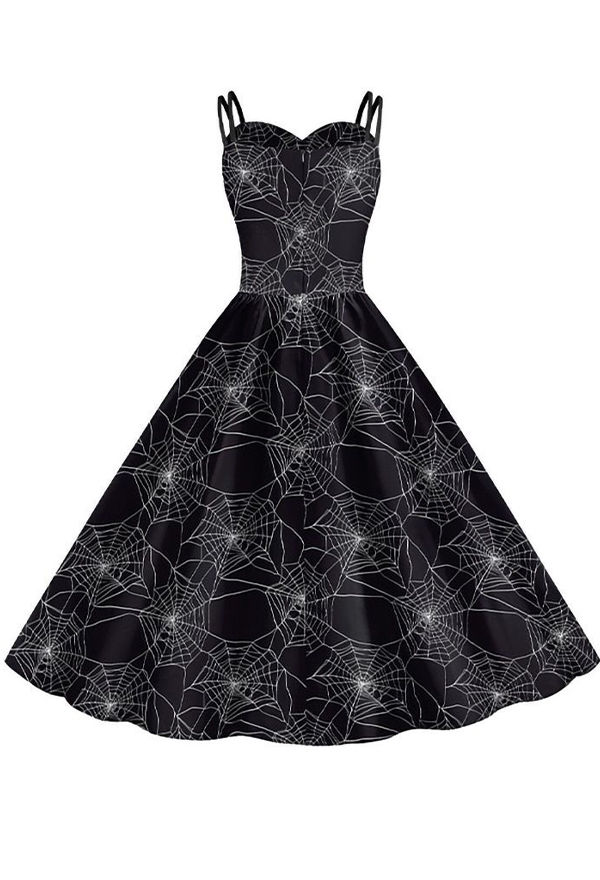 Halloween Gothic Black Suspender Dress Dark Style Spiderweb Skull Print Dress