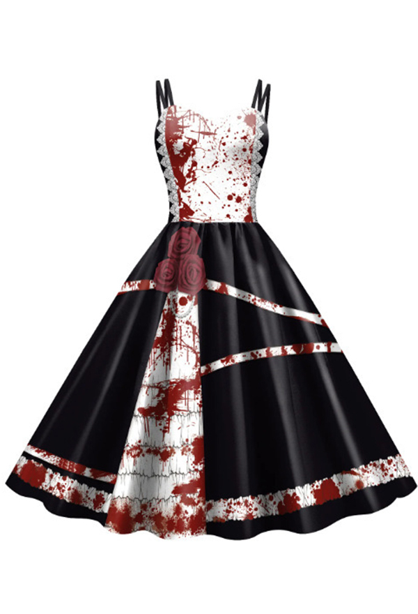 Halloween Gothic Red Suspender Dress Dark Horror Style Printed Dress